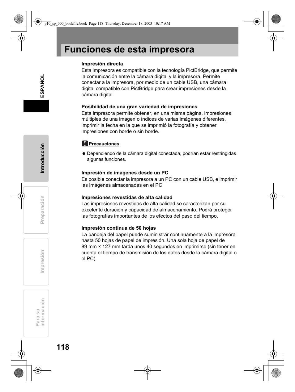 Funciones de esta impresora | Olympus P-10 User Manual | Page 118 / 148