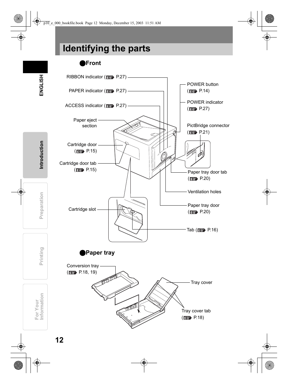 Identifying the parts | Olympus P-10 User Manual | Page 12 / 148