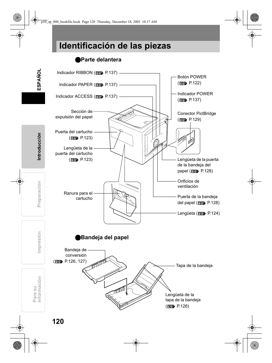 Identificación de las piezas | Olympus P-10 User Manual | Page 120 / 148