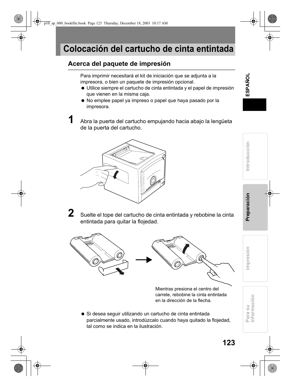 Colocación del cartucho de cinta entintada | Olympus P-10 User Manual | Page 123 / 148