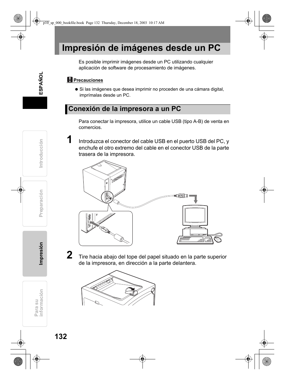 Impresión de imágenes desde un pc, Conexión de la impresora a un pc | Olympus P-10 User Manual | Page 132 / 148