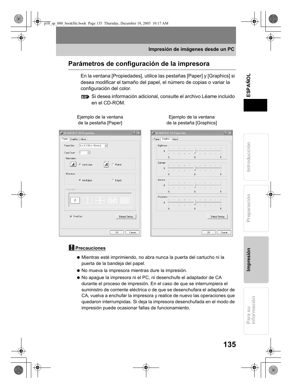 Parámetros de configuración de la impresora | Olympus P-10 User Manual | Page 135 / 148