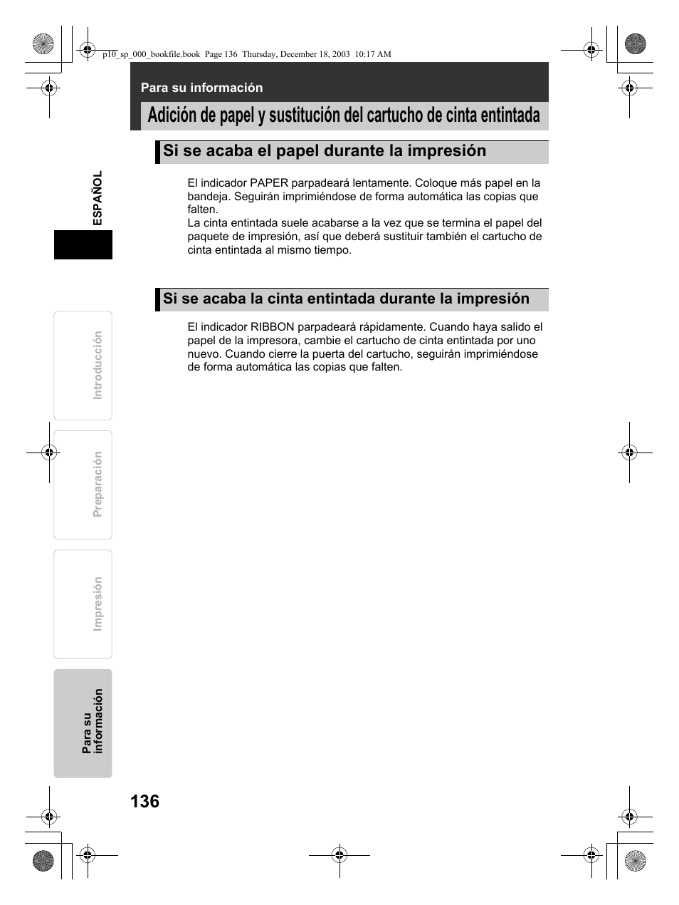 Si se acaba el papel durante la impresión | Olympus P-10 User Manual | Page 136 / 148