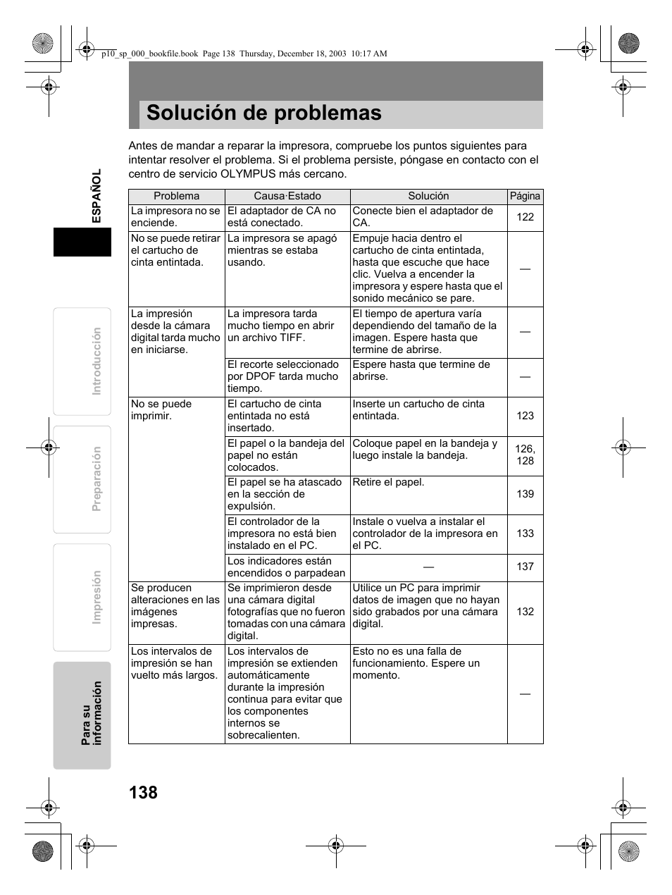 Solución de problemas | Olympus P-10 User Manual | Page 138 / 148