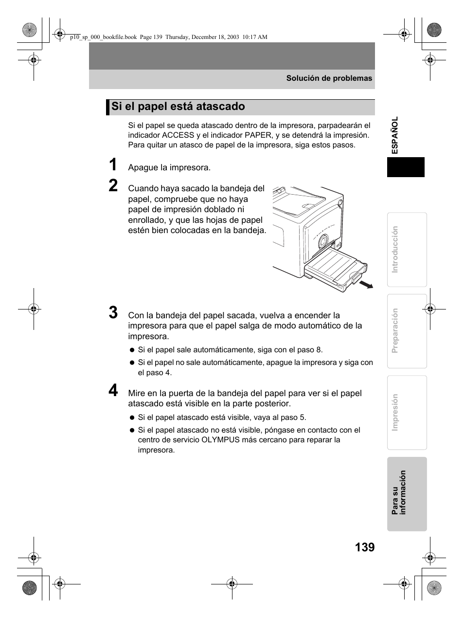 Si el papel está atascado | Olympus P-10 User Manual | Page 139 / 148