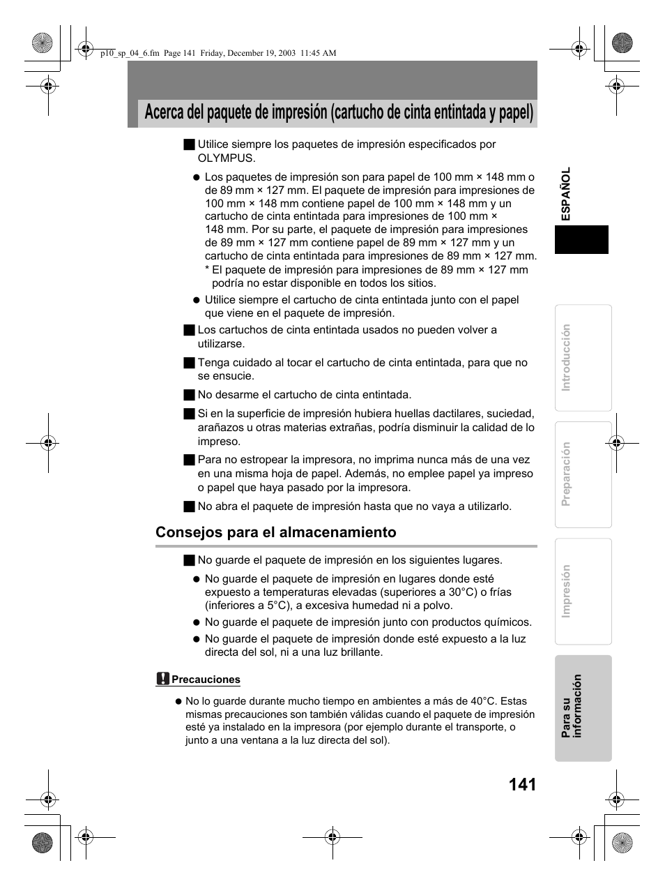 Consejos para el almacenamiento | Olympus P-10 User Manual | Page 141 / 148