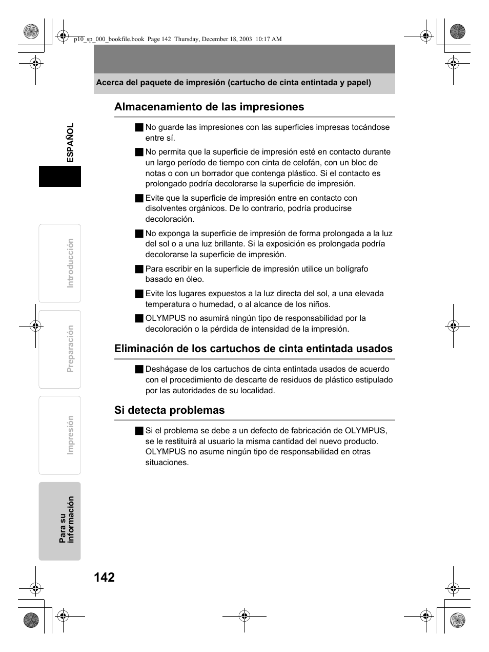 Almacenamiento de las impresiones, Si detecta problemas | Olympus P-10 User Manual | Page 142 / 148