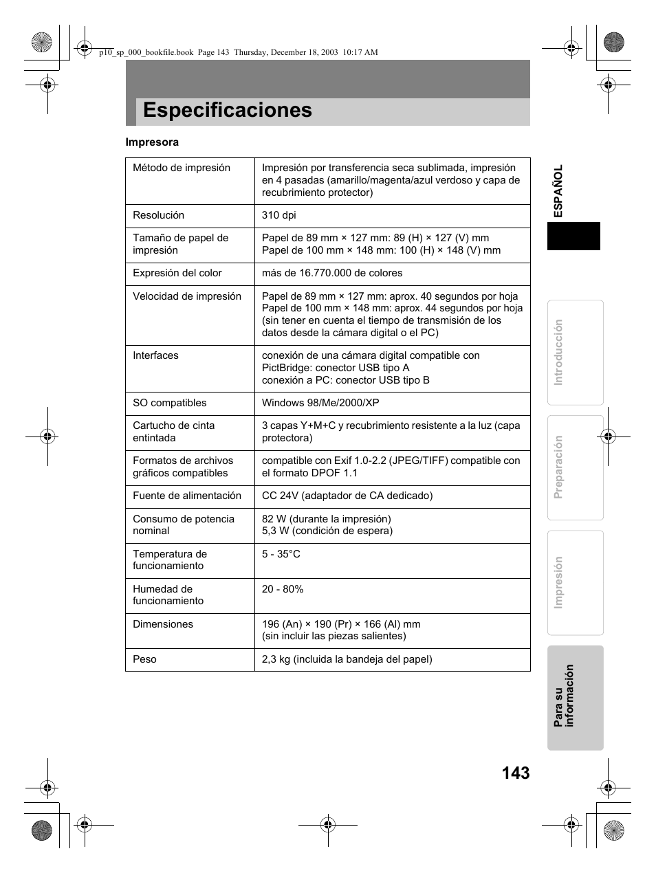 Especificaciones | Olympus P-10 User Manual | Page 143 / 148