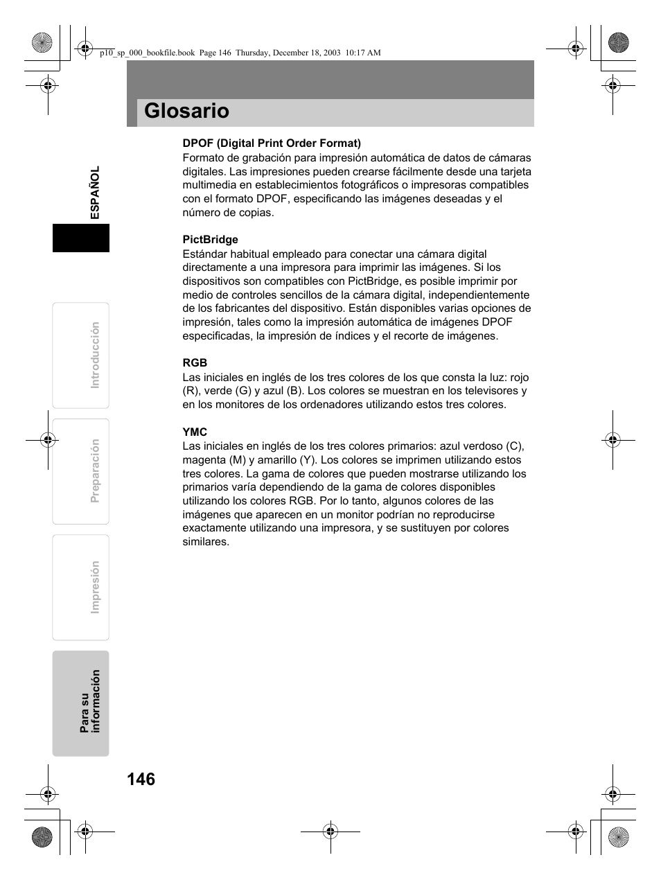 Glosario | Olympus P-10 User Manual | Page 146 / 148