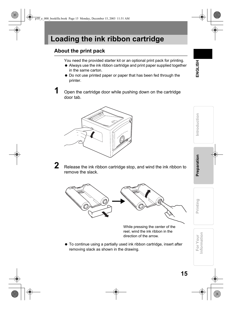 Loading the ink ribbon cartridge | Olympus P-10 User Manual | Page 15 / 148