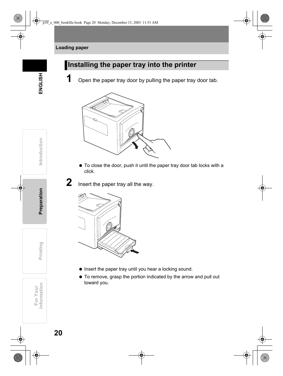 Installing the paper tray into the printer | Olympus P-10 User Manual | Page 20 / 148