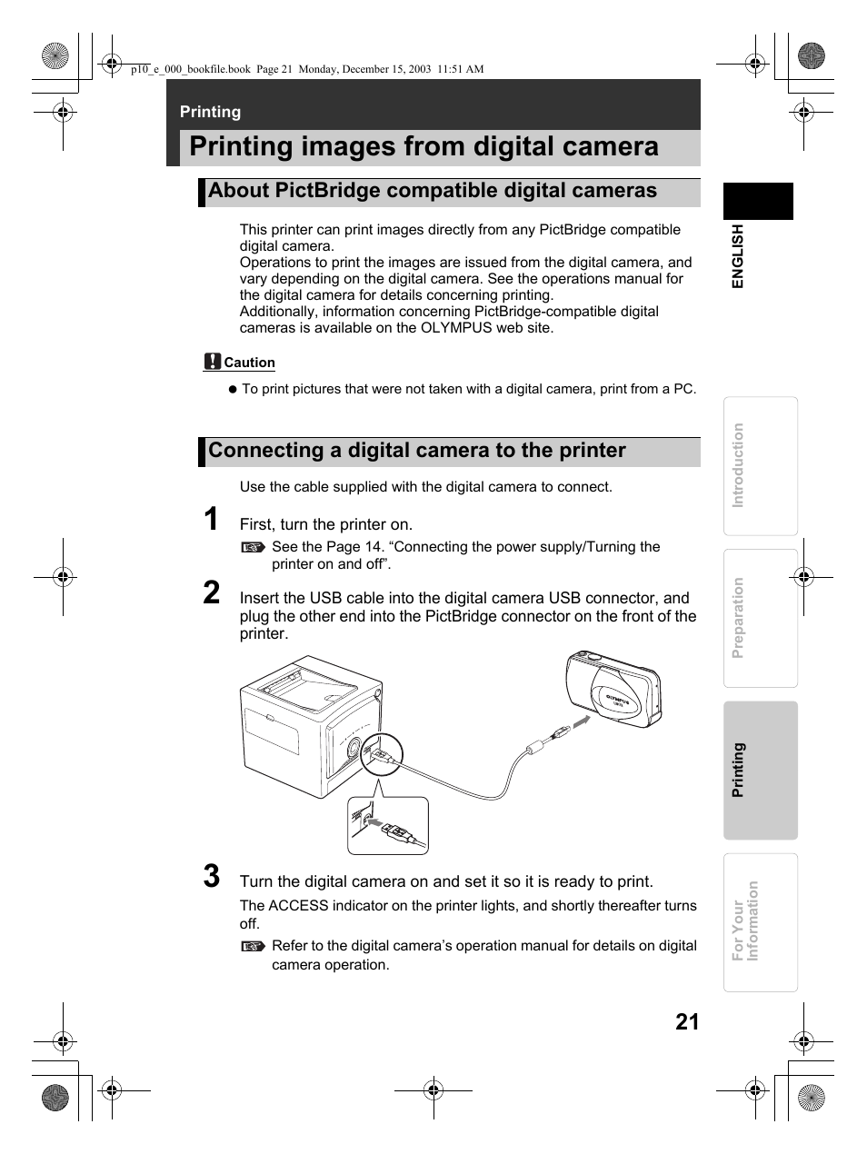 Printing images from digital camera | Olympus P-10 User Manual | Page 21 / 148