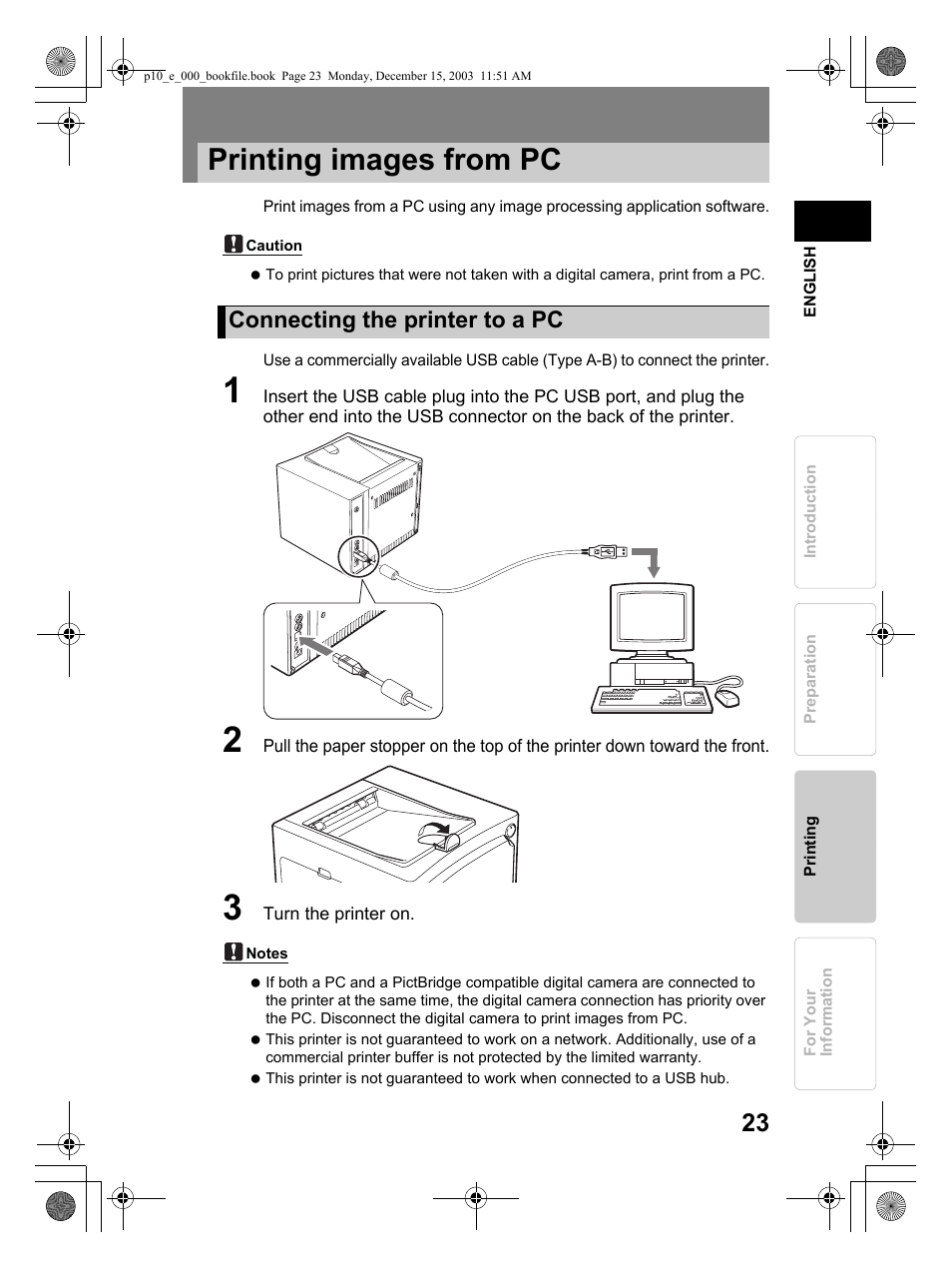 Printing images from pc, Connecting the printer to a pc | Olympus P-10 User Manual | Page 23 / 148