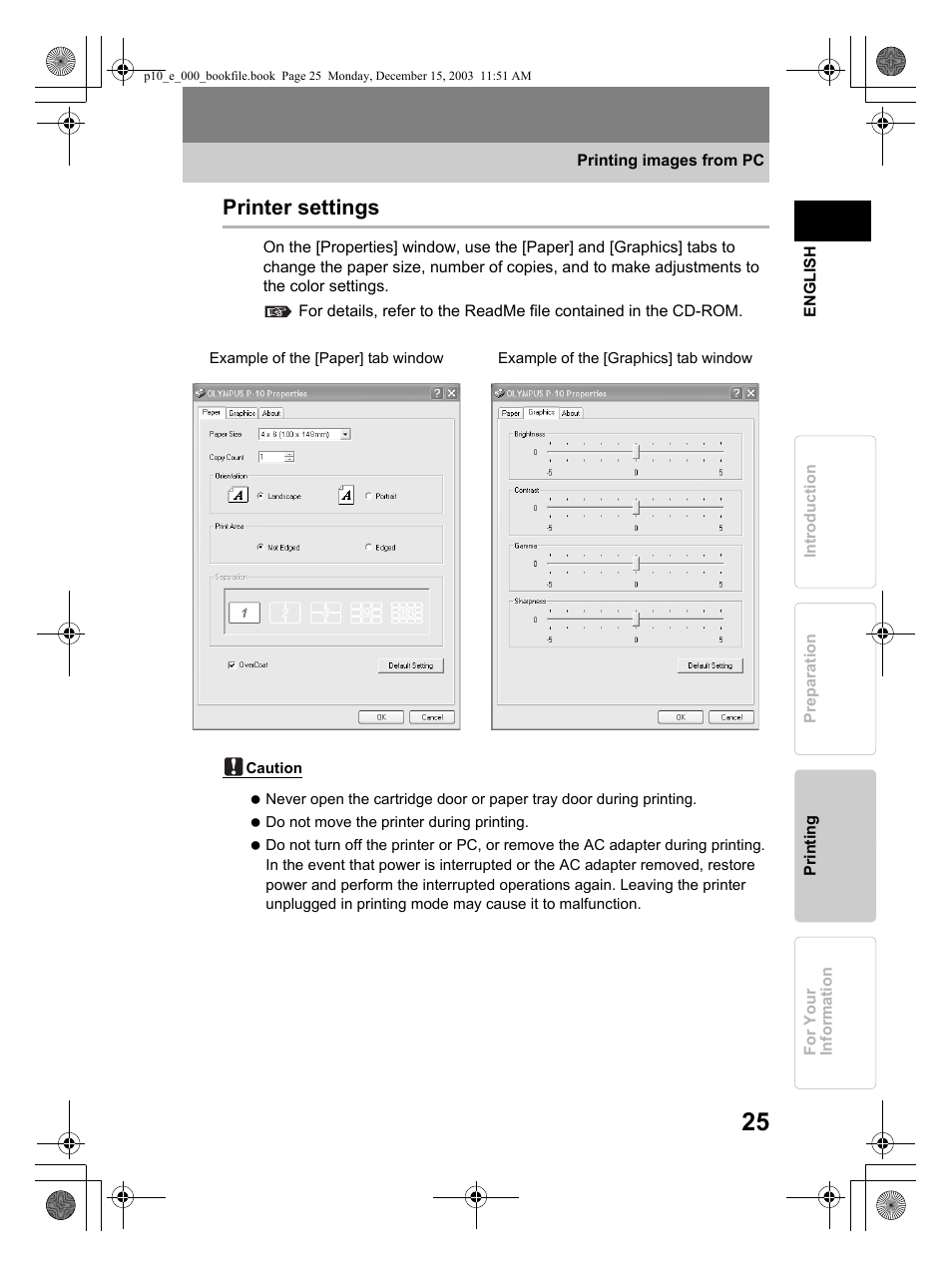 Printer settings | Olympus P-10 User Manual | Page 25 / 148