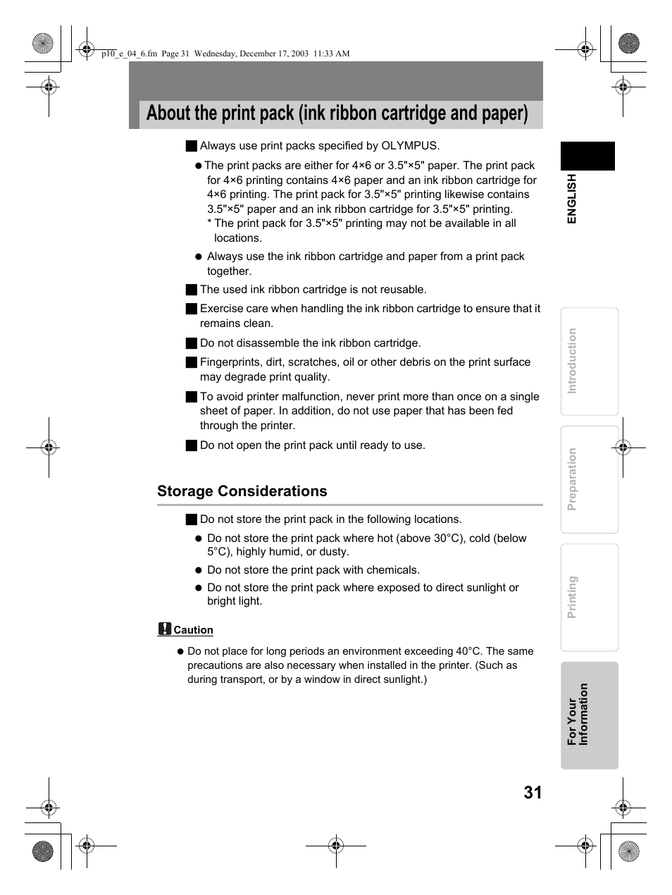 Storage considerations | Olympus P-10 User Manual | Page 31 / 148