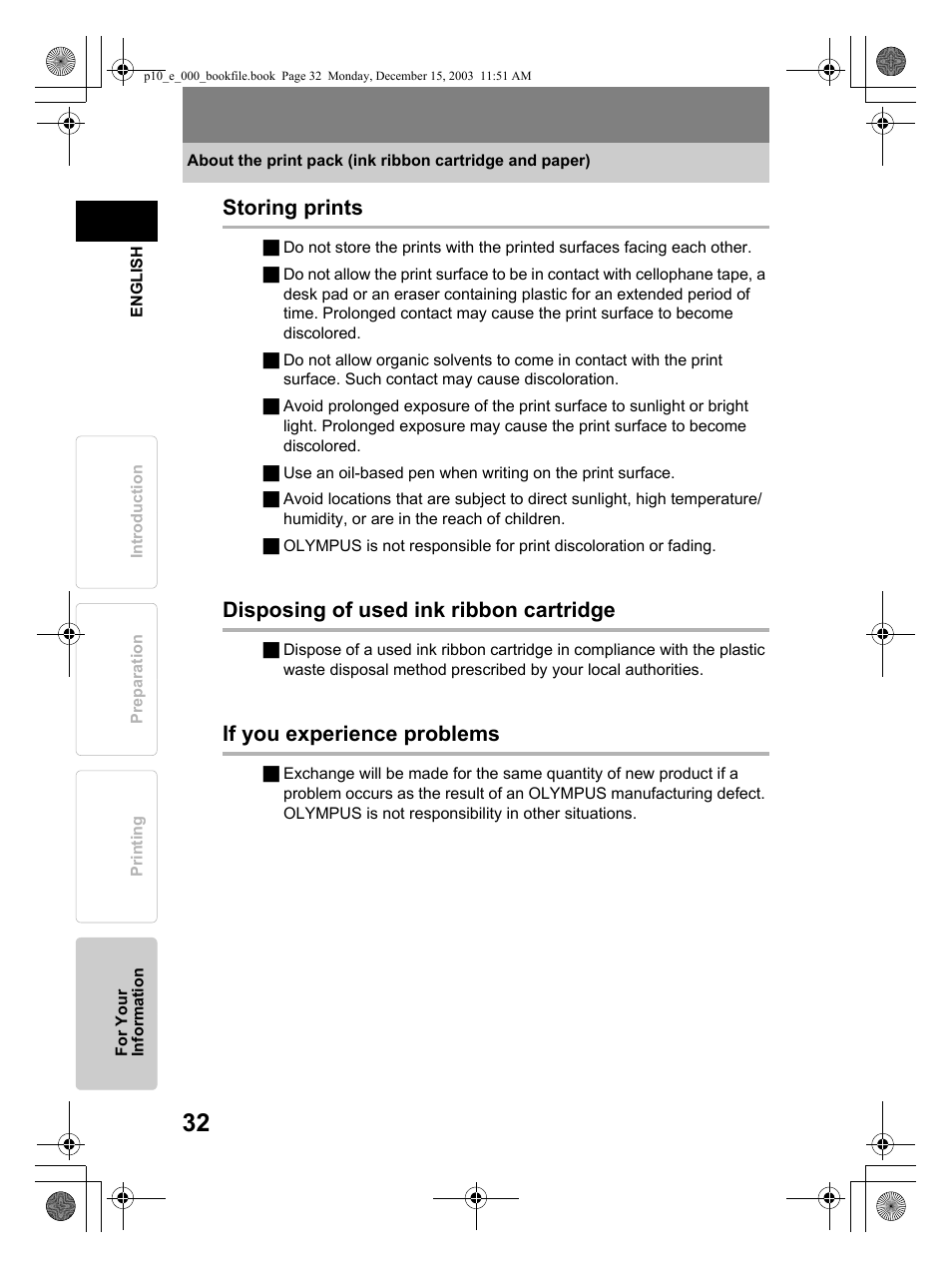 Storing prints, Disposing of used ink ribbon cartridge, If you experience problems | Olympus P-10 User Manual | Page 32 / 148