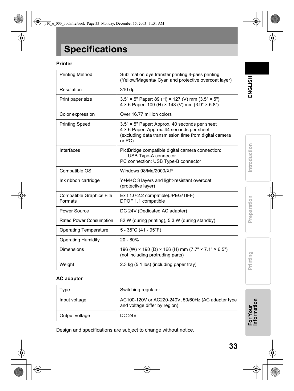Specifications | Olympus P-10 User Manual | Page 33 / 148