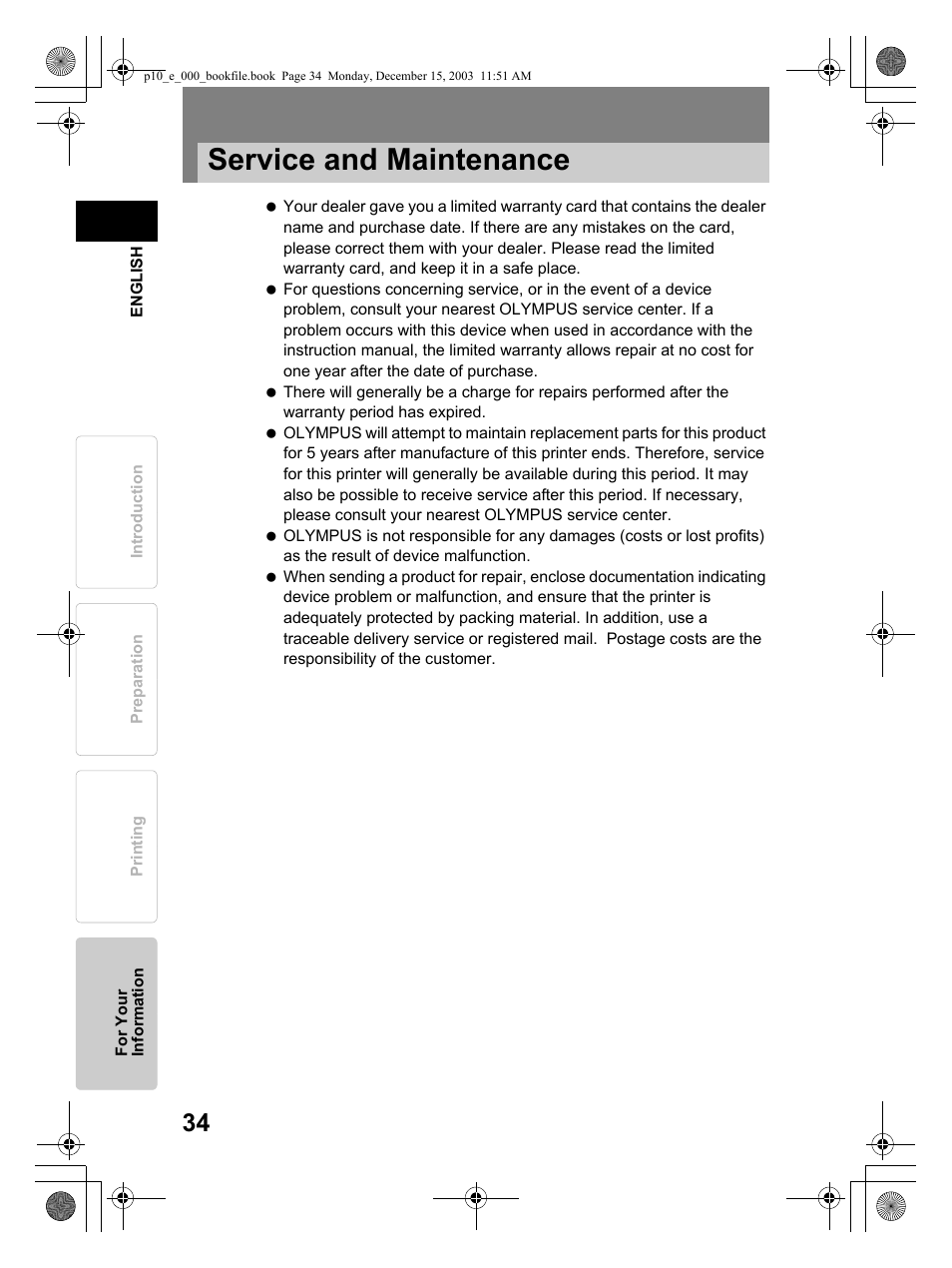 Service and maintenance | Olympus P-10 User Manual | Page 34 / 148