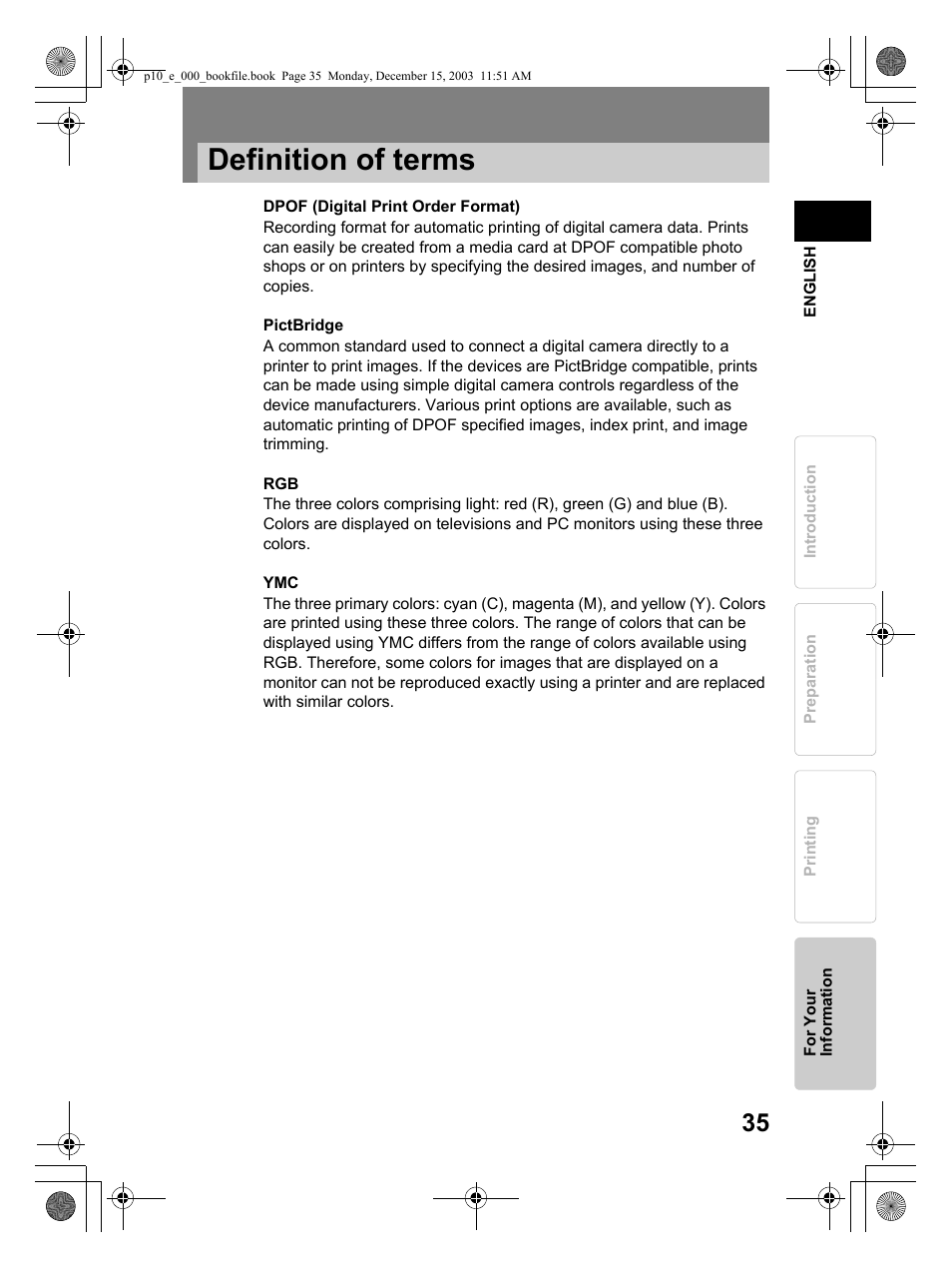 Definition of terms | Olympus P-10 User Manual | Page 35 / 148