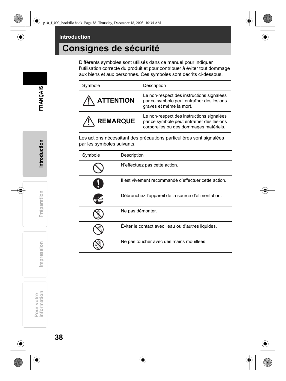 Consignes de sécurité, Attention, Remarque | Olympus P-10 User Manual | Page 38 / 148