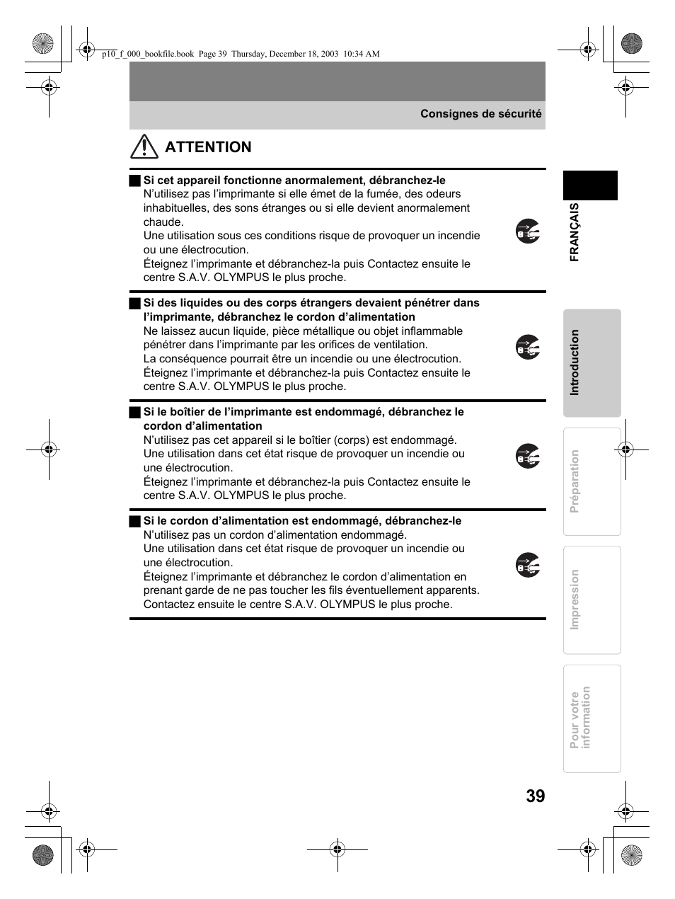 Attention | Olympus P-10 User Manual | Page 39 / 148