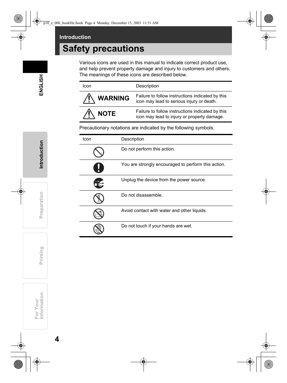 Safety precautions, Warning | Olympus P-10 User Manual | Page 4 / 148