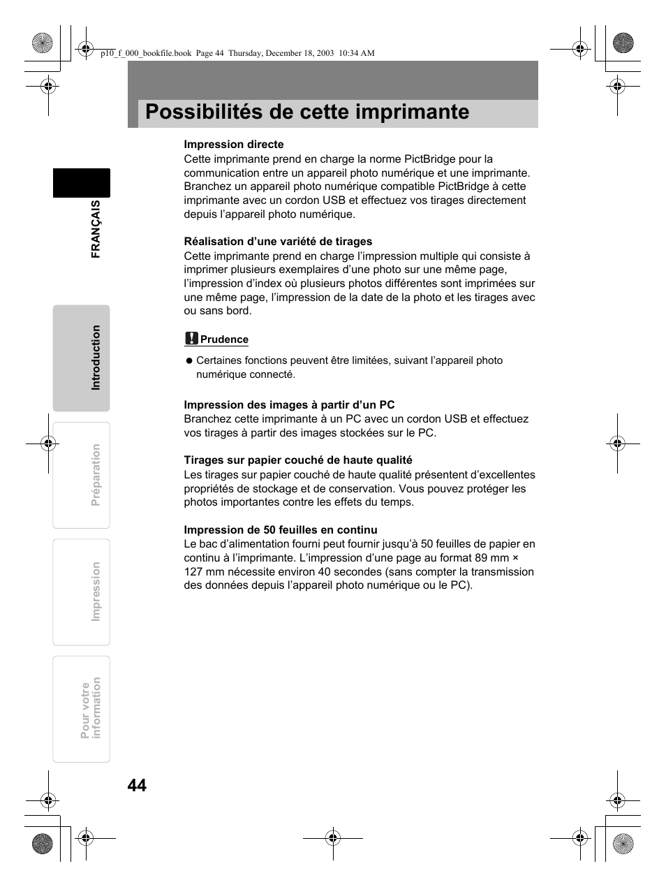 Possibilités de cette imprimante | Olympus P-10 User Manual | Page 44 / 148