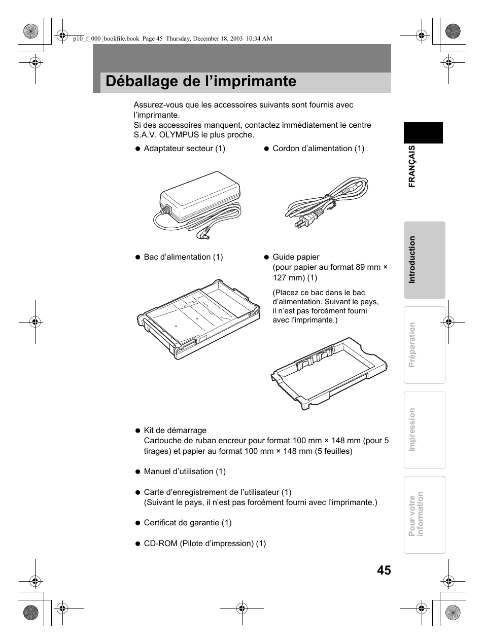 Déballage de l’imprimante | Olympus P-10 User Manual | Page 45 / 148