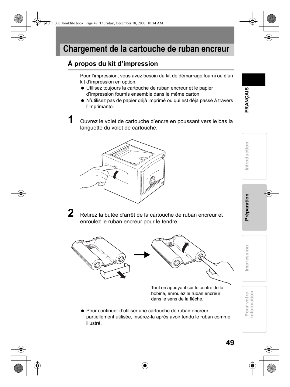 Chargement de la cartouche de ruban encreur | Olympus P-10 User Manual | Page 49 / 148