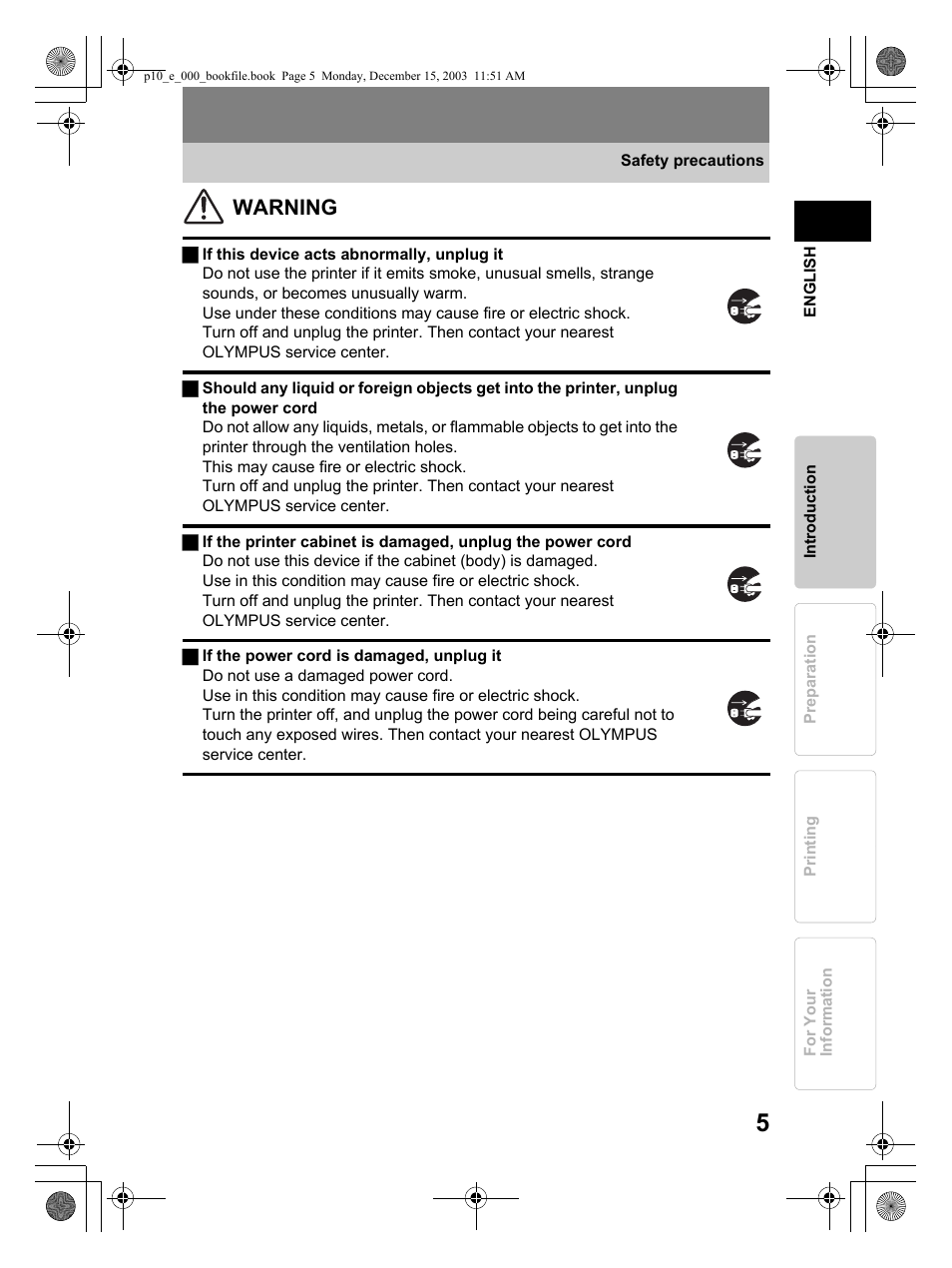 Warning | Olympus P-10 User Manual | Page 5 / 148