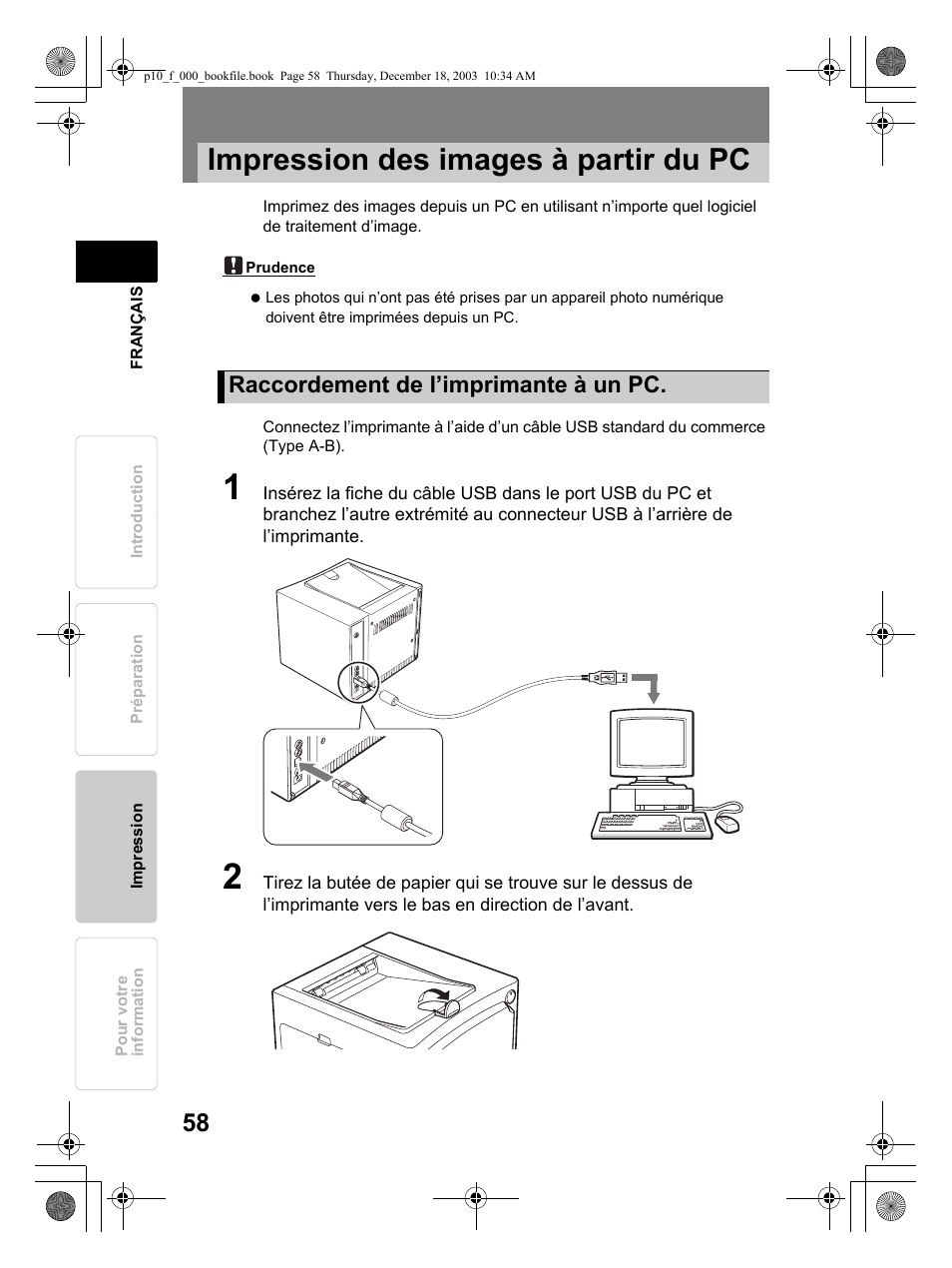 Impression des images à partir du pc, Raccordement de l’imprimante à un pc | Olympus P-10 User Manual | Page 58 / 148