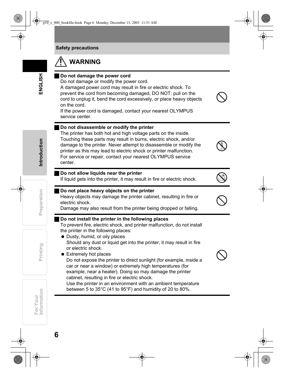Warning | Olympus P-10 User Manual | Page 6 / 148