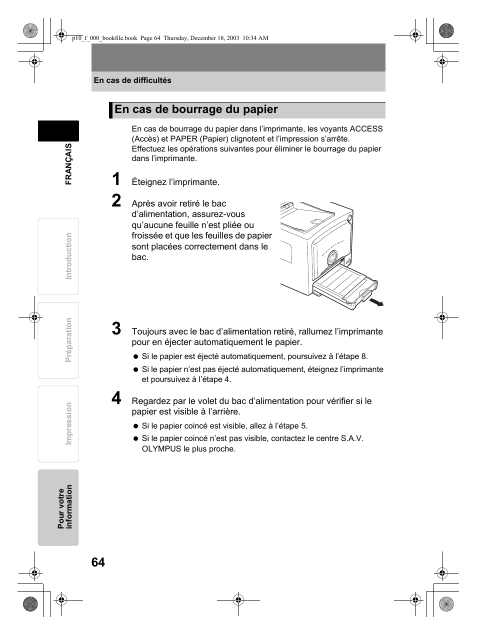 En cas de bourrage du papier | Olympus P-10 User Manual | Page 64 / 148