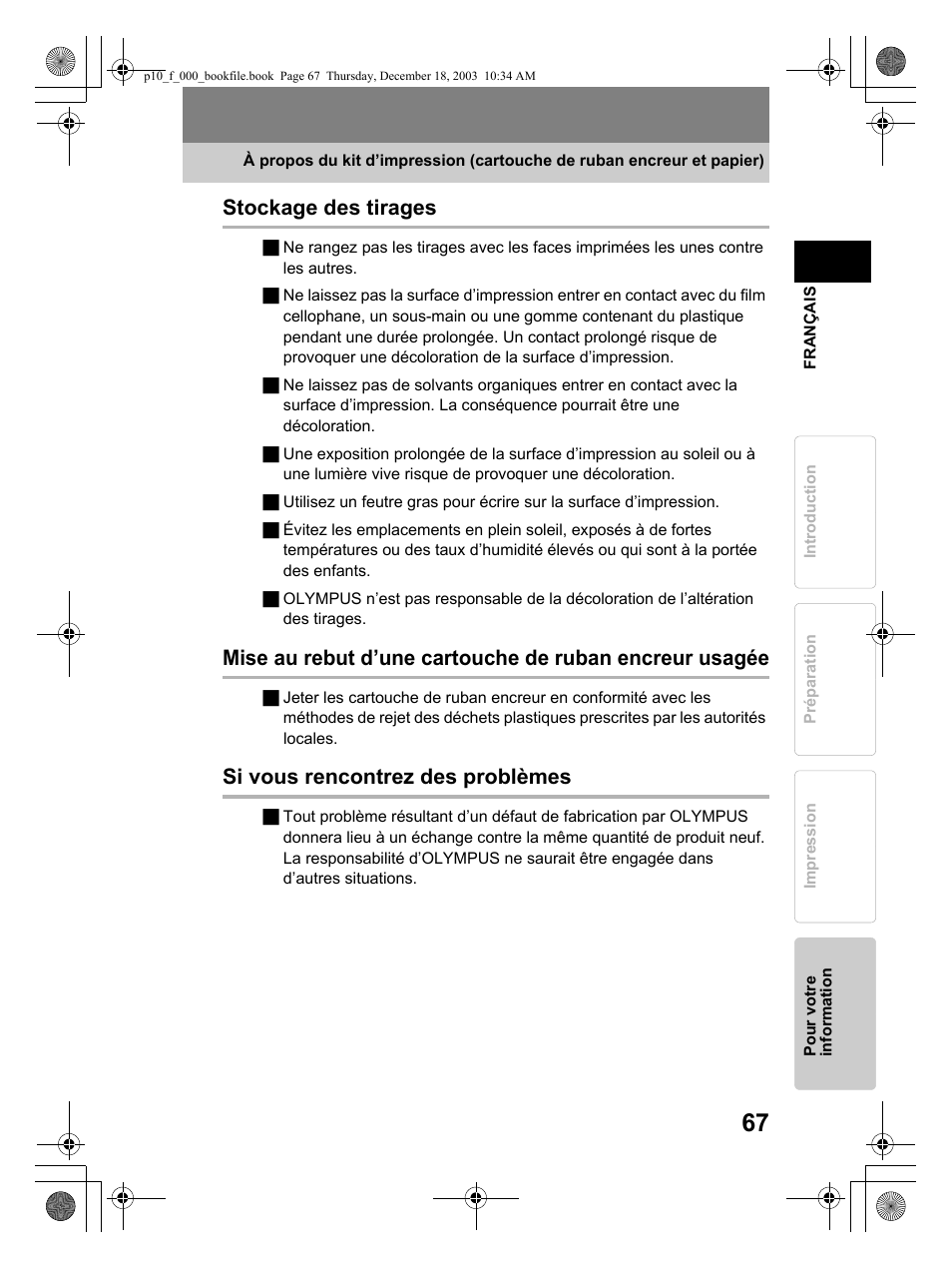 Stockage des tirages, Si vous rencontrez des problèmes | Olympus P-10 User Manual | Page 67 / 148