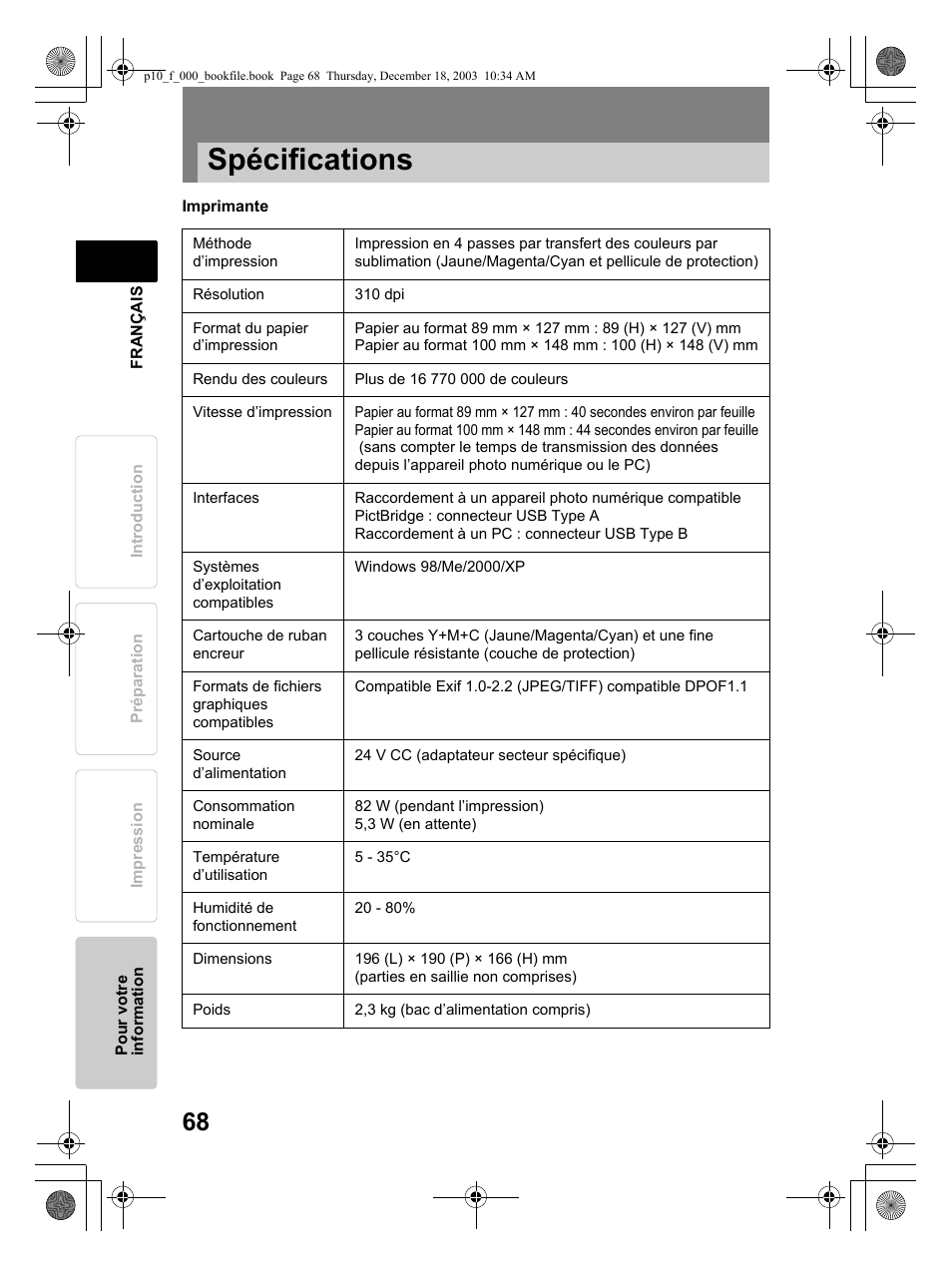 Spécifications | Olympus P-10 User Manual | Page 68 / 148
