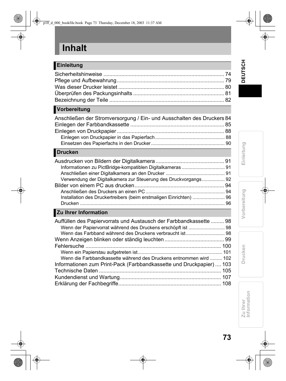 Inhalt | Olympus P-10 User Manual | Page 73 / 148