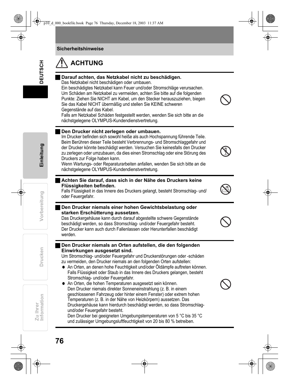 Achtung | Olympus P-10 User Manual | Page 76 / 148