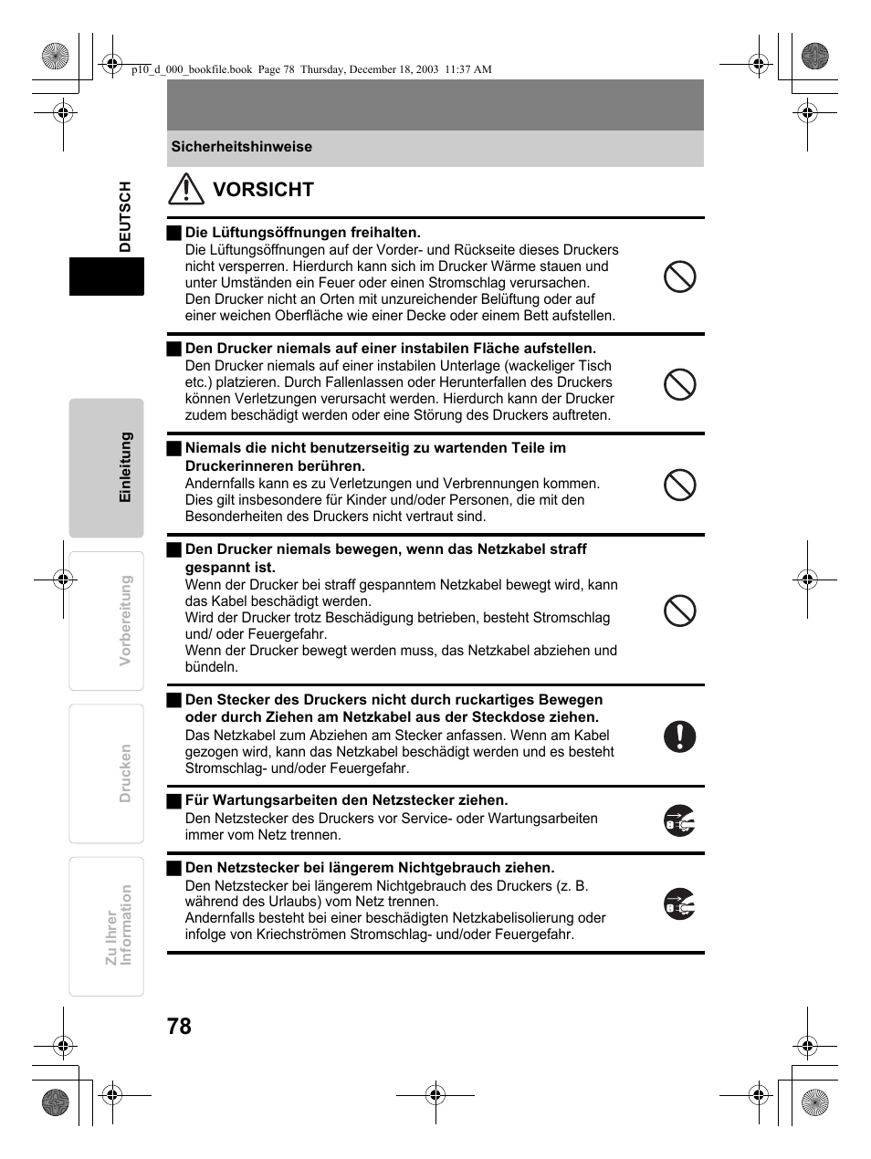 Vorsicht | Olympus P-10 User Manual | Page 78 / 148