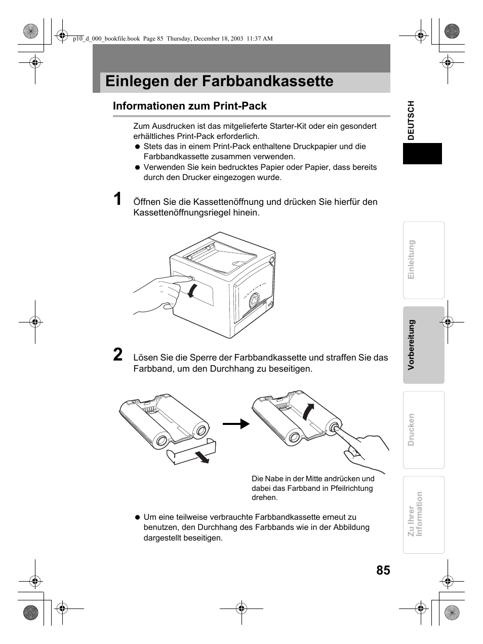 Einlegen der farbbandkassette | Olympus P-10 User Manual | Page 85 / 148