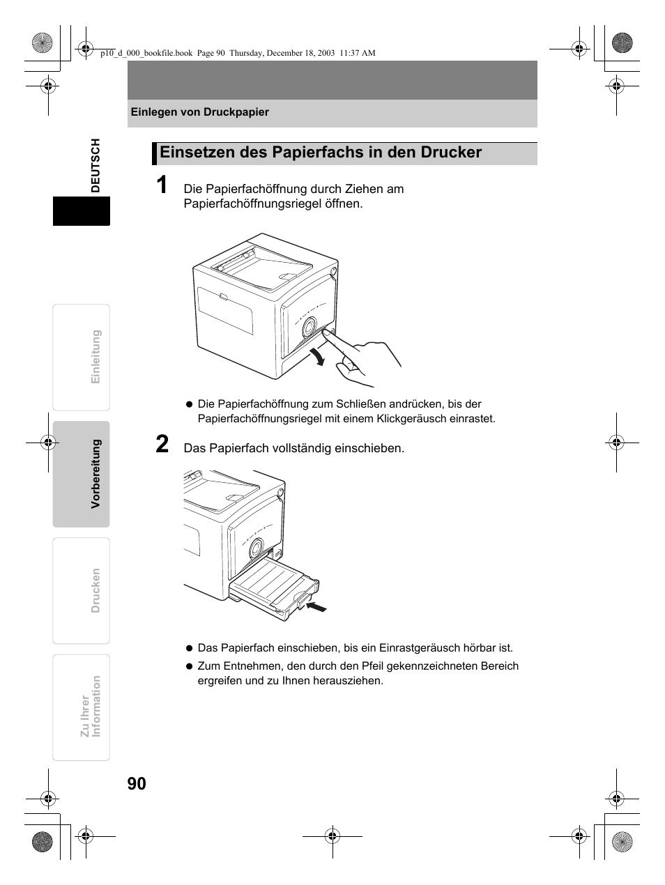 Einsetzen des papierfachs in den drucker | Olympus P-10 User Manual | Page 90 / 148
