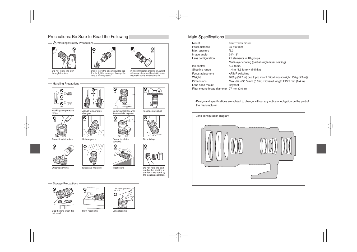 Main specifications, Precautions: be sure to read the following | Olympus ED35-100mm f2.0 User Manual | Page 4 / 5