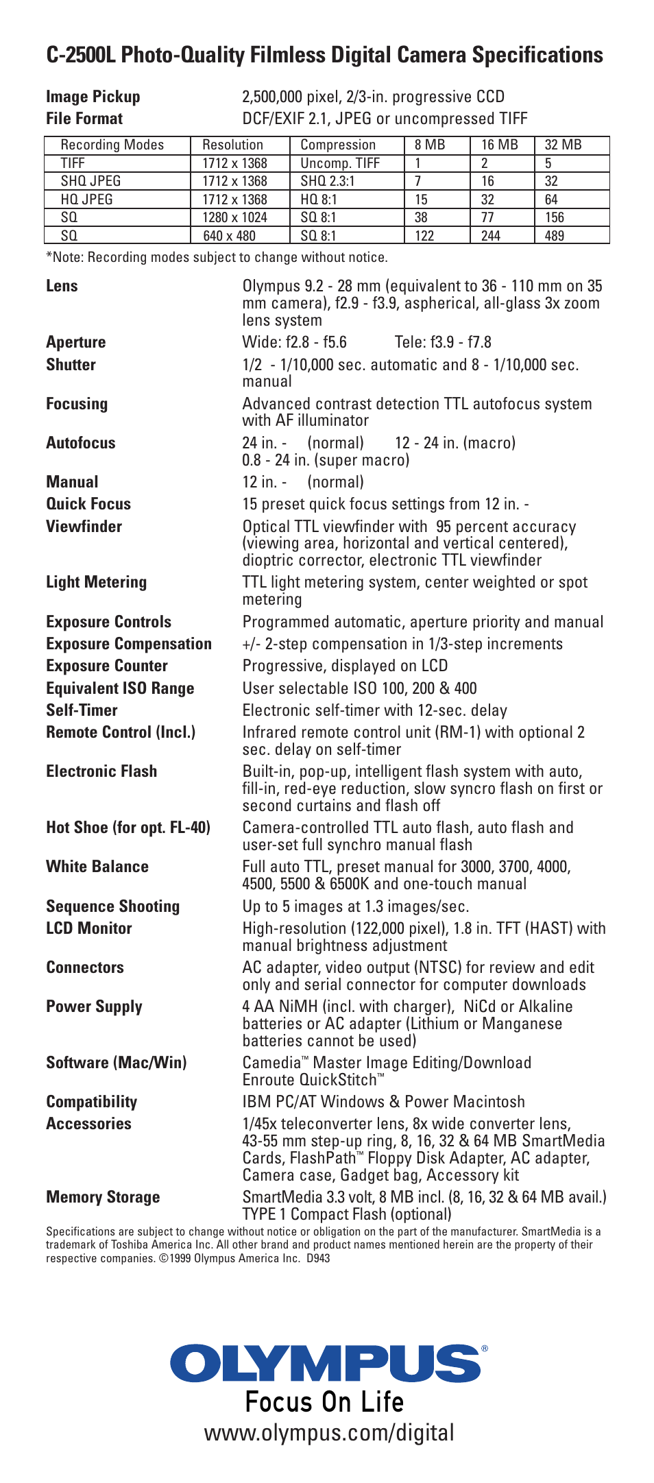 Focus on life | Olympus C - 2 5 0 0 L User Manual | Page 9 / 9