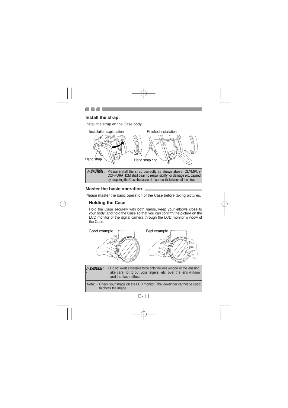 Install the strap, Master the basic operation, Holding the case | E-11 | Olympus PT 023 User Manual | Page 12 / 42