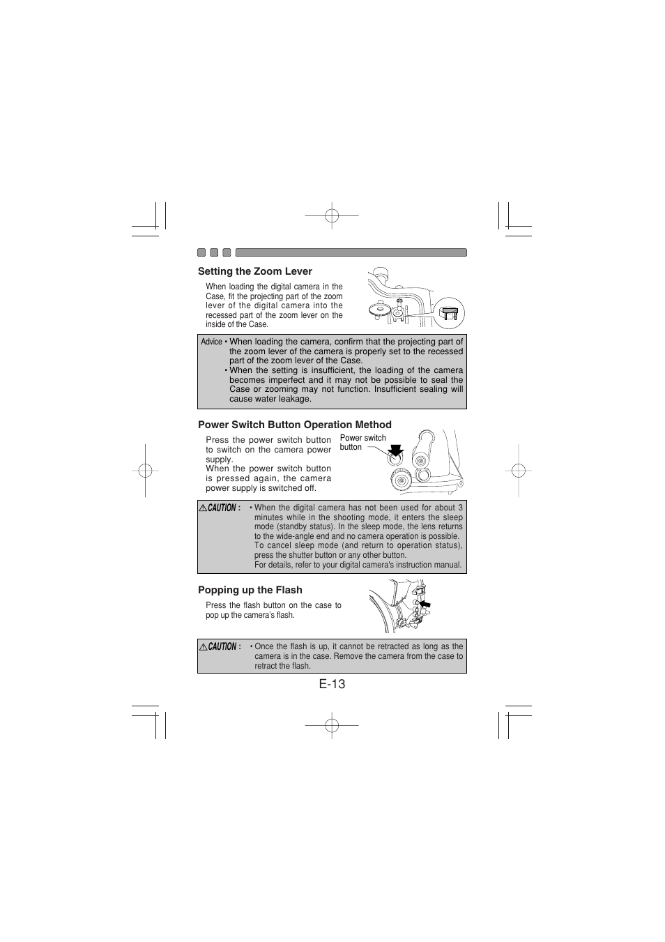 Setting the zoom lever, Power switch button operation method, Popping up the flash | E-13 | Olympus PT 023 User Manual | Page 14 / 42