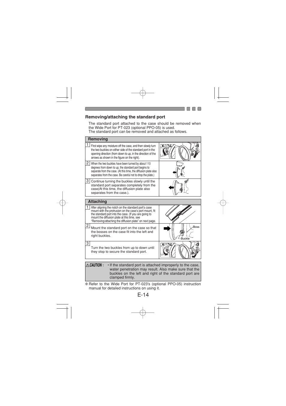 Removing/attaching the standard port, E-14 | Olympus PT 023 User Manual | Page 15 / 42