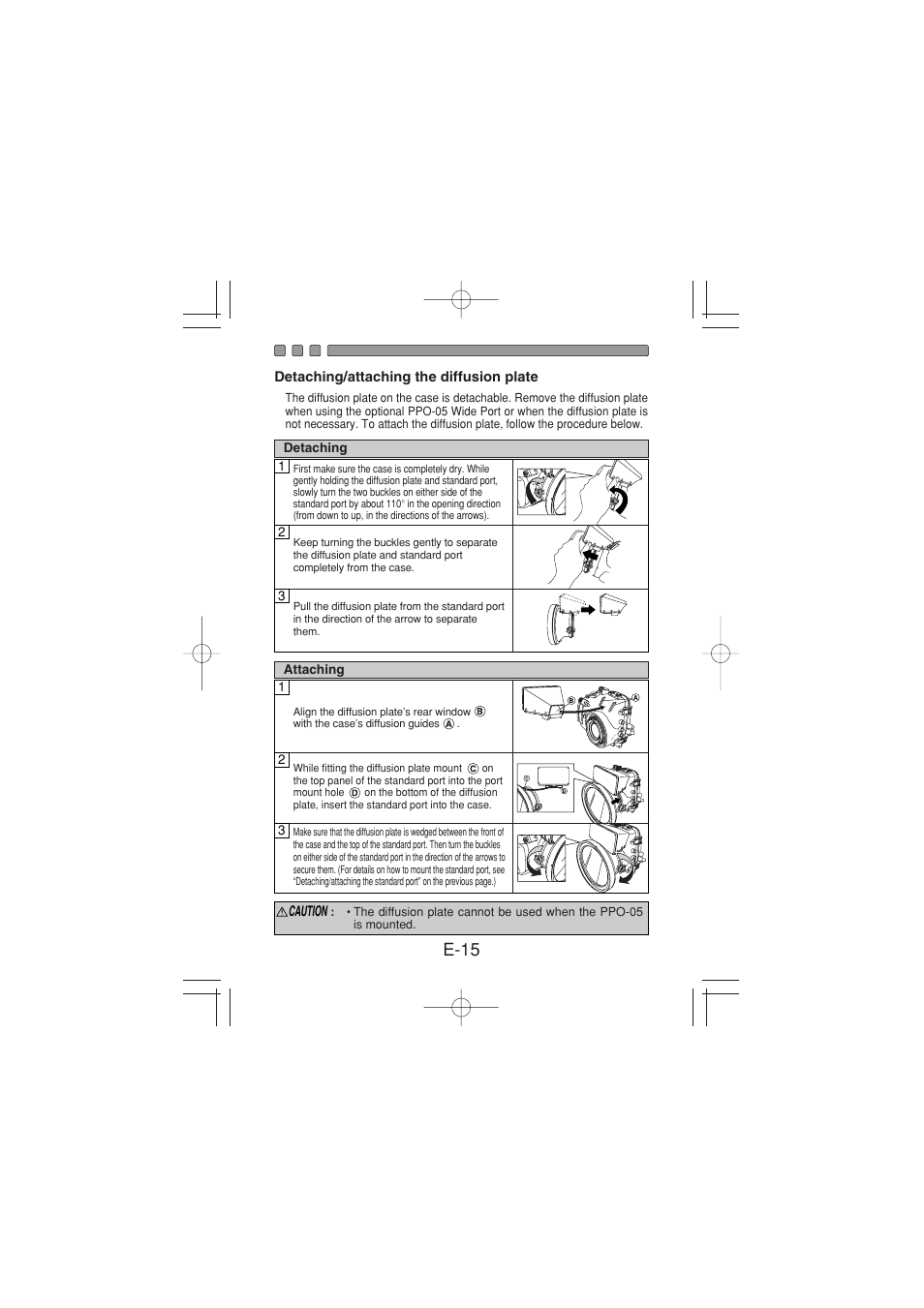 Detaching/attaching the diffusion plate, E-15 | Olympus PT 023 User Manual | Page 16 / 42