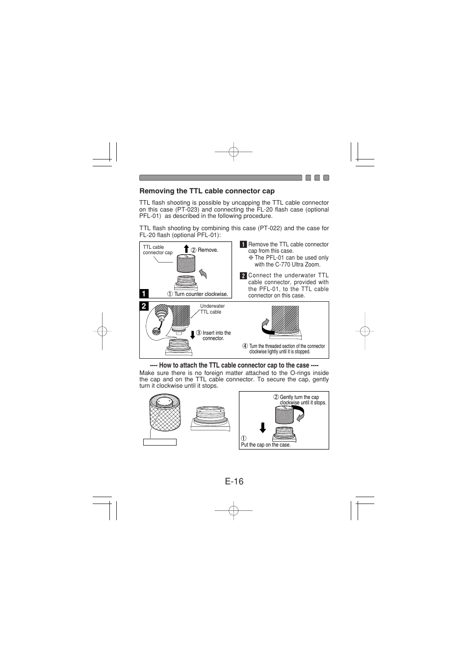Removing the ttl cable connector cap, E-16 | Olympus PT 023 User Manual | Page 17 / 42