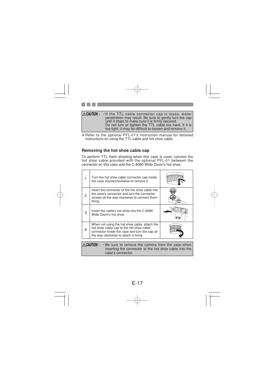 Removing the hot shoe cable cap, E-17 | Olympus PT 023 User Manual | Page 18 / 42
