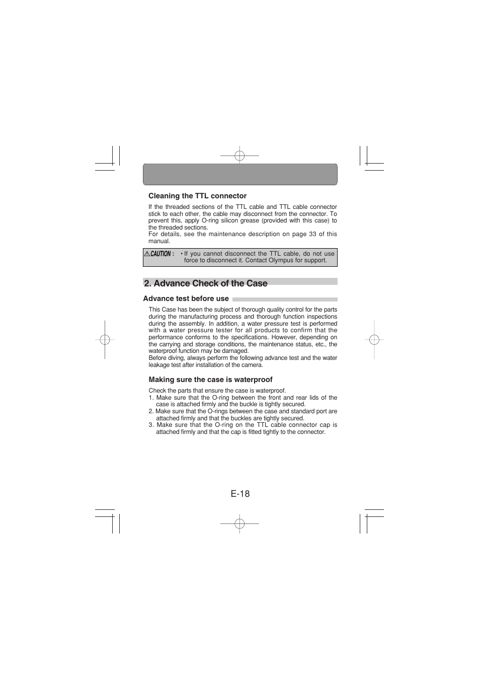 Cleaning the ttl connector, Advance check of the case, Advance test before use | Making sure the case is waterproof, E-18 2. advance check of the case | Olympus PT 023 User Manual | Page 19 / 42