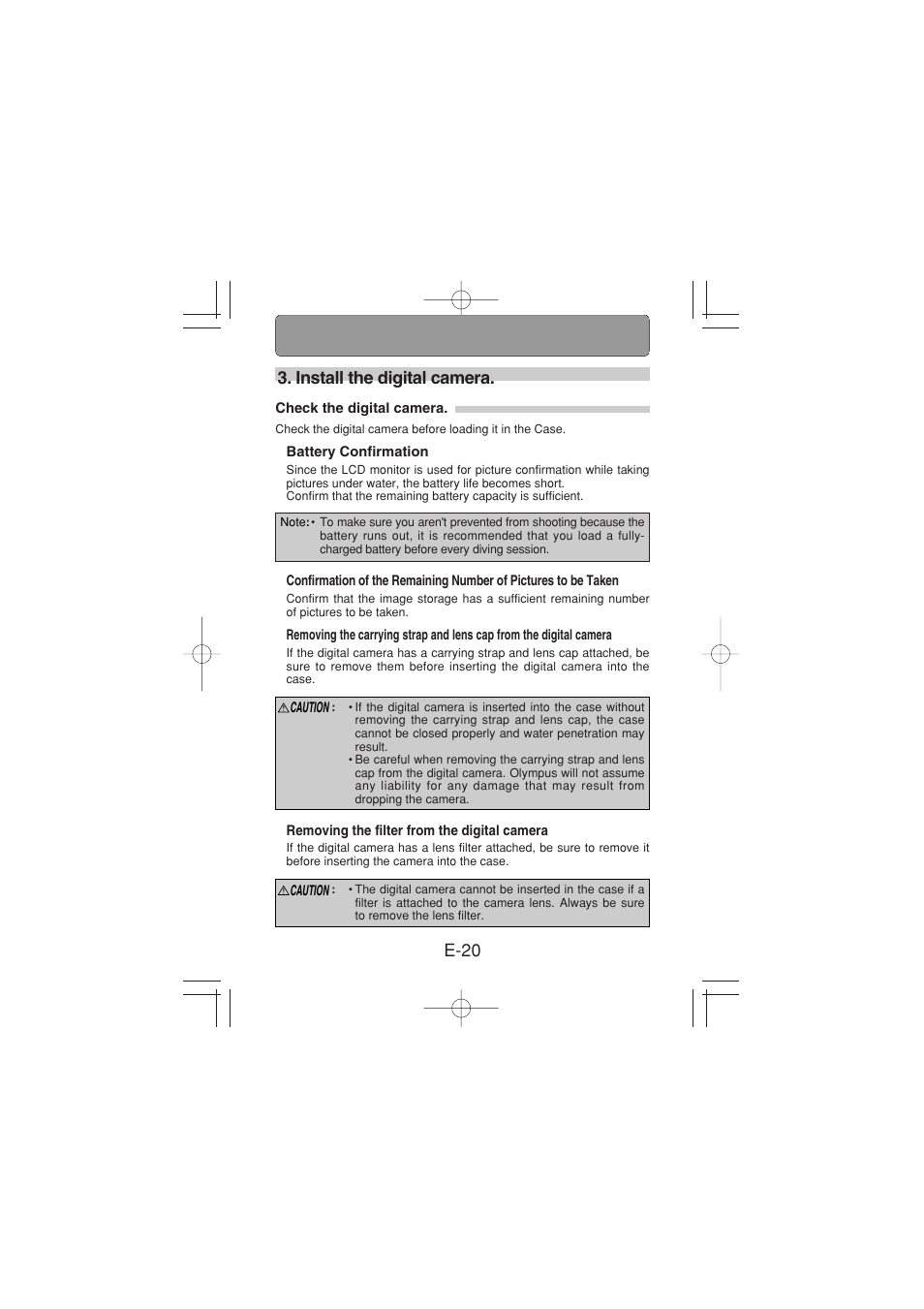 Install the digital camera, Check the digital camera, Battery confirmation | Removing the filter from the digital camera, E-20 3. install the digital camera | Olympus PT 023 User Manual | Page 21 / 42